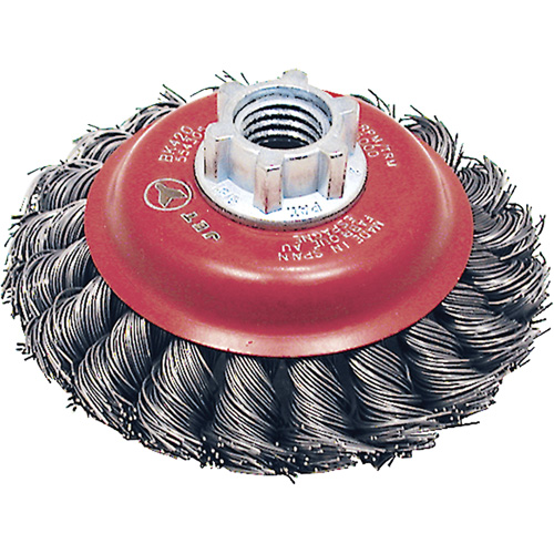 Brosse conique &agrave; fils torsad&eacute;s BK420T, Dia. 4", Fils 0,02", Arbre 5/8"-11, Acier Oxymax Inc