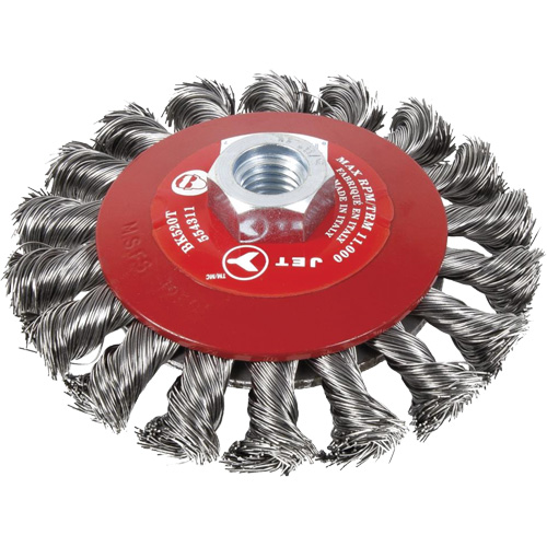 Brosse conique &agrave; fils nou&eacute;s torsad&eacute;s, Dia. 6", Fils 0,02", Arbre 5/8"-11, Acier Oxymax Inc