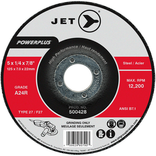 Powerplus&reg; Depressed Centre Grinding Wheel, 5" x 1/4", 7/8" Arbor, Type 27/F27, Aluminum Oxide, 12200 RPM Oxymax Inc