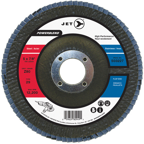 POWERBLEND Flap Disc, 5" x 7/8", Type 29, Z80 Grit, Zirconia Alumina Oxymax Inc