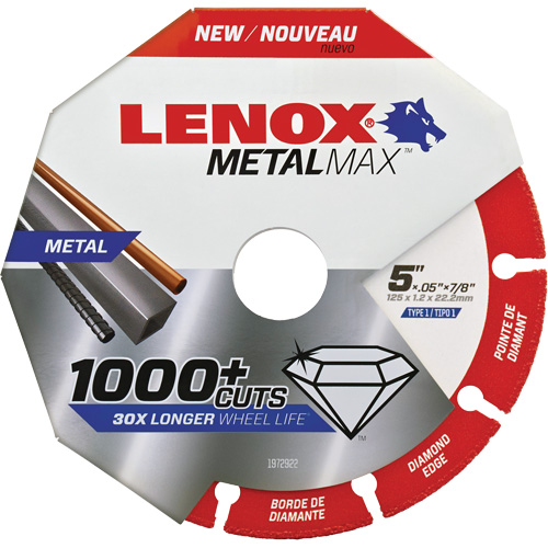 Meule de tronçonnage des m&eacute;taux MetalMax, 5" x 0,05", Arbre de 7/8", Type 1, Losange, 12 200 Tr/min Oxymax Inc