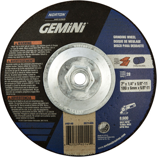 Meule soucoupes Gemini, 7" x 1/4", Arbre 5/8"-11, Oxyde d'aluminium, Type 28 Oxymax Inc