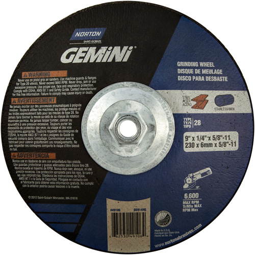 Gemini&reg; Saucer Wheel, 9" x 1/4", 5/8"-11 Arbor, Aluminum Oxide, Type 28 Oxymax Inc