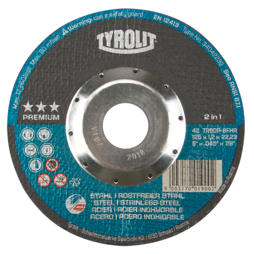 Premium 2 in 1 Thincut Cut-Off Wheel, 5" x 0.045", 7/8" Arbor, Type 27, Aluminum Oxide, 12250 RPM Oxymax Inc