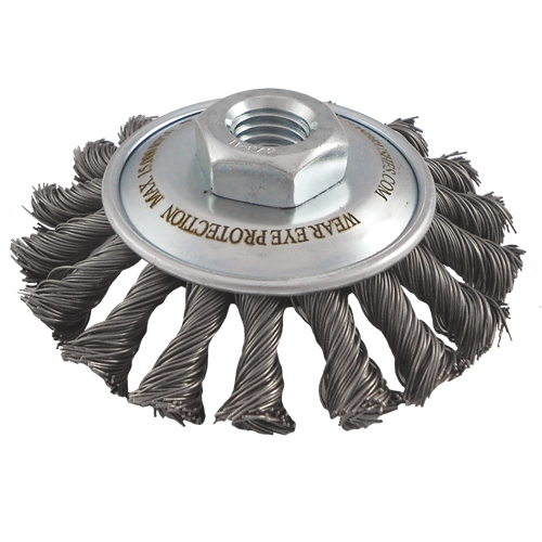 Knotted Wire Wheel Saucer Brushes, 4" Dia., 0.02" Fill, 5/8"-11 Arbor, Steel Oxymax Inc
