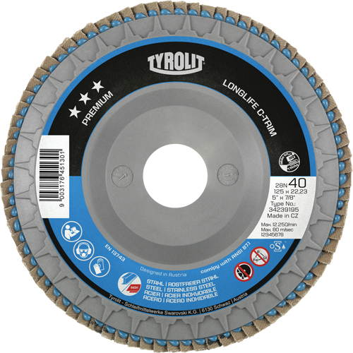Long Life C-Trim Flap Disc, 5" x 7/8", Type 29, 120 Grit, Zirconium Oxymax Inc