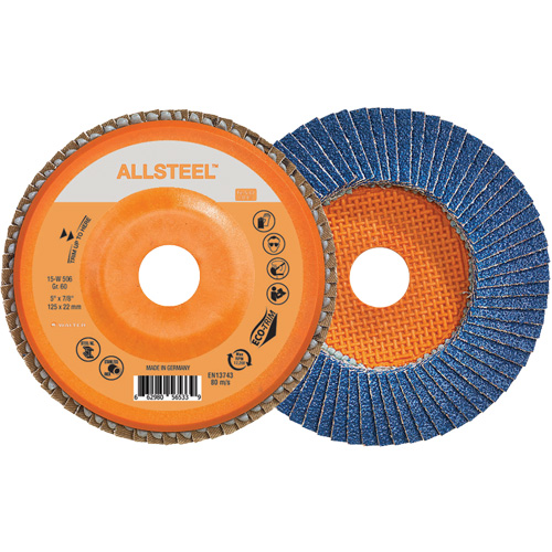 AllSteel Flap Disc, 5" x 7/8", Type 27, 60 Grit, Zirconia Alumina Oxymax Inc