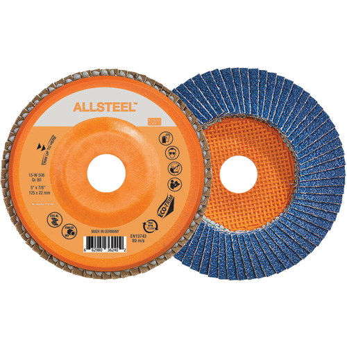 AllSteel Flap Disc, 5" x 7/8", Type 27, 80 Grit, Zirconia Alumina Oxymax Inc
