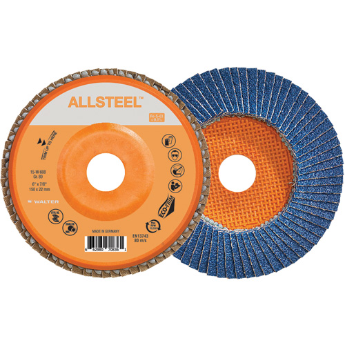 AllSteel Flap Disc, 6" x 7/8", Type 27, 80 Grit, Zirconia Alumina Oxymax Inc