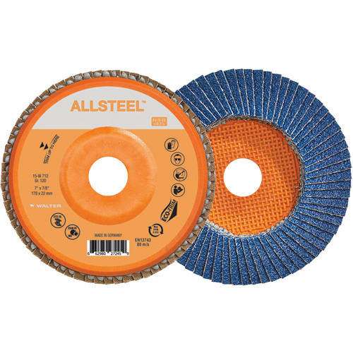 AllSteel Flap Disc, 7" x 7/8", Type 27, 120 Grit, Zirconia Alumina Oxymax Inc