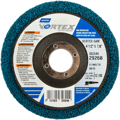 Vortex Non-Woven Disc, 4-1/2" Dia. x 1/2" W, 7/8" Arbor, Aluminum Oxide Oxymax Inc