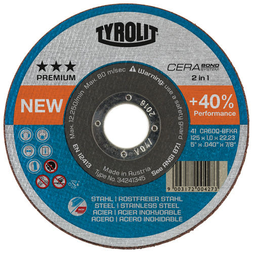 Meule &agrave; tronçonner Cerabond, 5" x 0,045", Arbre de 7/8", Type 1, C&eacute;ramique, 12250 Tr/min Oxymax Inc