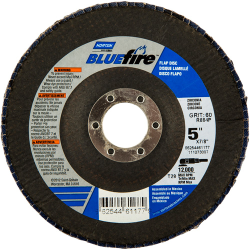 BlueFire Flap Disc, 5" x 7/8", Type 29, 36 Grit, Zirconia Alumina Oxymax Inc