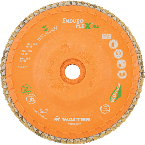 Disque &agrave; lamelles vissable Enduro-Flex Alu, 5" x 5/8"-11, Type 27, Grain 80, Alumine de zirconium Oxymax Inc