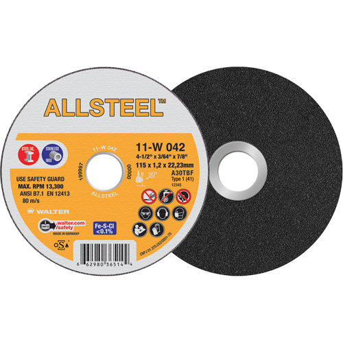 Meule &agrave; tronçonner AllSteel, 4-1/2" x 3/64", Arbre de 7/8", Type 1, Oxyde d'aluminium, 13 300 Tr/min Oxymax Inc