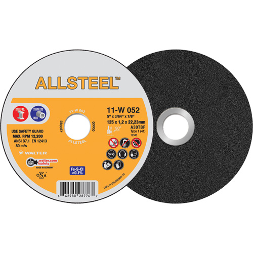 AllSteel Cut-Off Wheel, 5" x 3/64", 7/8" Arbor, Type 1, Aluminum Oxide, 12250 RPM Oxymax Inc