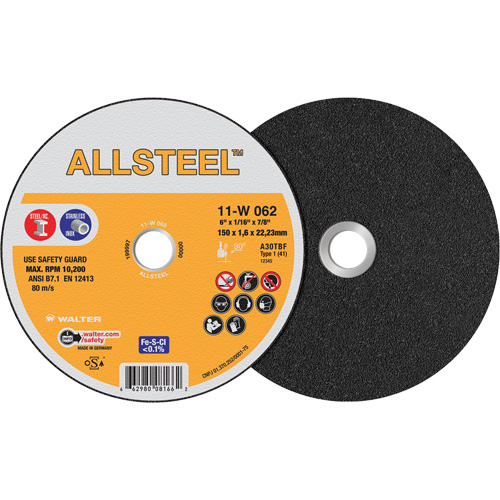 AllSteel Cut-Off Wheel, 6" x 1/16", 7/8" Arbor, Type 1, Aluminum Oxide, 10200 RPM Oxymax Inc