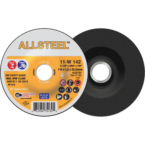 Meule &agrave; tronçonner AllSteel, 4-1/2" x 3/64", Arbre de 7/8", Type 27, Oxyde d'aluminium, 13 300 Tr/min Oxymax Inc