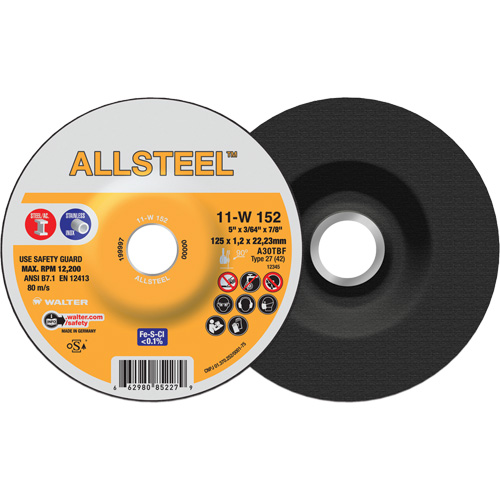 AllSteel Cut-Off Wheel, 5" x 3/64", 7/8" Arbor, Type 27, Aluminum Oxide, 12250 RPM Oxymax Inc