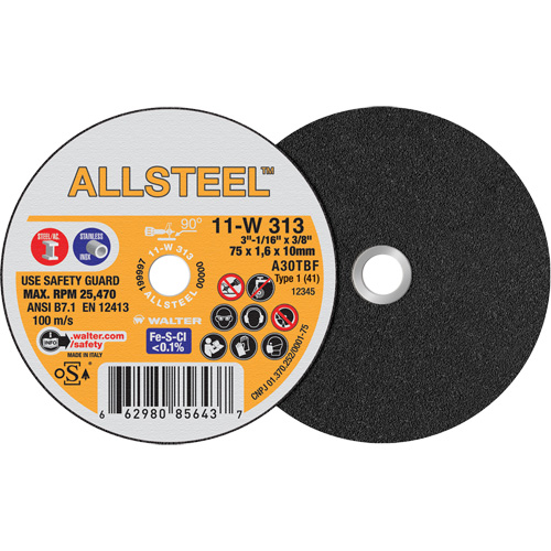 AllSteel Mini Cut-Off Wheel, 3" x 1/16", 3/8" Arbor, Type 1, Aluminum Oxide, 25470 RPM Oxymax Inc