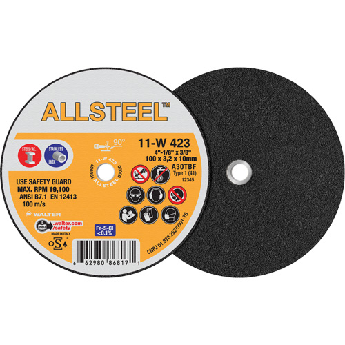 AllSteel Mini Cut-Off Wheel, 4" x 1/8", 3/8" Arbor, Type 1, Aluminum Oxide, 19100 RPM Oxymax Inc