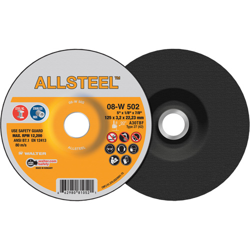 AllSteel Grinding Wheel, 5" x 1/8", 7/8" Arbor, Aluminum Oxide, Type 27 Oxymax Inc