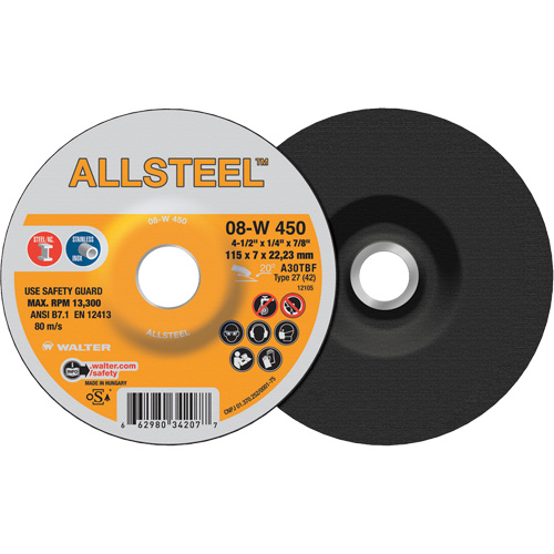 Meule AllSteel, 4-1/2" x 1/4", Arbre 7/8", Oxyde d'aluminium, Type 27 Oxymax Inc