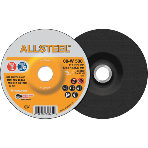 Meule ALLSTEEL, 5" x 1/4", Arbre 7/8", Oxyde d'aluminium, Type 27 Oxymax Inc