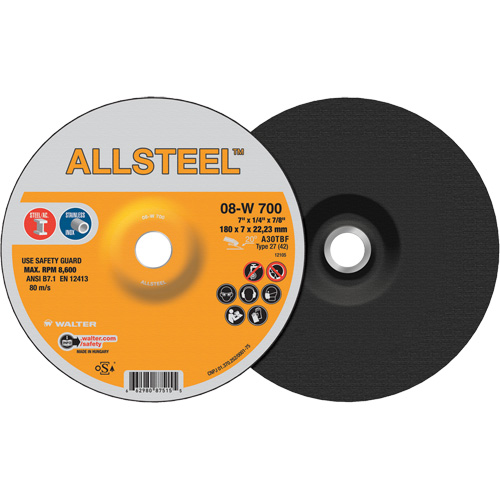 Meule AllSteel, 7" x 1/4", Arbre 7/8", Oxyde d'aluminium, Type 27 Oxymax Inc