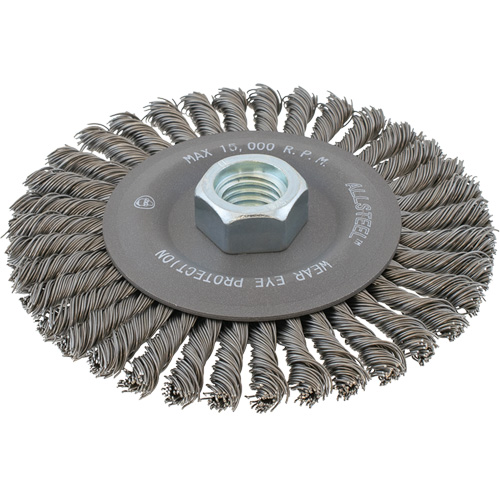 Brosse m&eacute;tallique &agrave; fils &eacute;troits nou&eacute;s AllSteel, Dia. 6", Fils 0,02", Arbre 5/8"-11, Acier Oxymax Inc