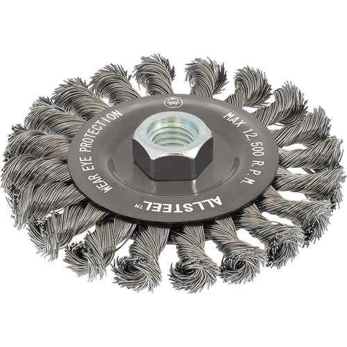 Brosse m&eacute;tallique AllSteel, Dia. 5", Fils 0,02", Arbre 5/8"-11, Acier Oxymax Inc