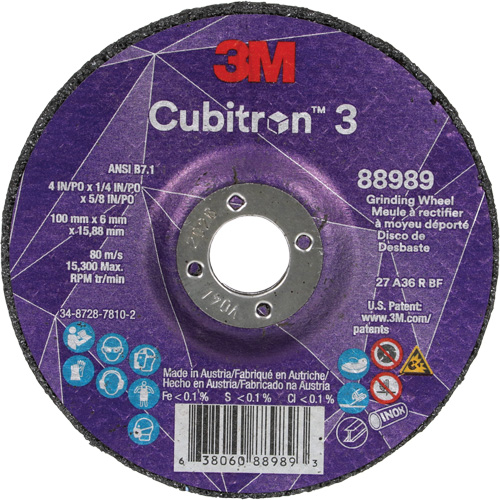 Meule a moyeu d&eacute;port&eacute; Cubitron 3, 4" x 1/4", Arbre 5/8", C&eacute;ramique, Type T27 Oxymax Inc