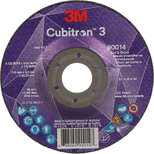 Meule &agrave; couper & tronçonner Cubitron 3, 4-1/2" x 5/32", Arbre de 7/8", Type T27, Grain de 36+, C&eacute;ramique Oxymax Inc