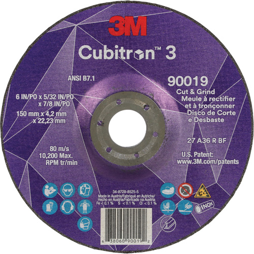Cubitron 3 Cut & Grind Wheel, 6" x 5/32", 7/8" Arbor, Type T27, 36+ Grit, Ceramic Oxymax Inc