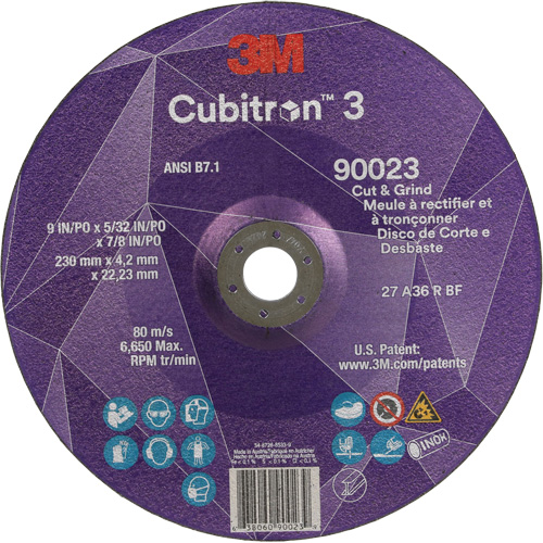 Meule &agrave; couper & tronçonner Cubitron 3, 9" x 5/32", Arbre de 7/8", Type T27, Grain de 36+, C&eacute;ramique Oxymax Inc