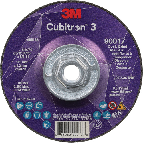 Cubitron 3 Cut & Grind Wheel, 5" x 5/32", 5/8"-11 Arbor, Type T27, 36+ Grit, Ceramic Oxymax Inc