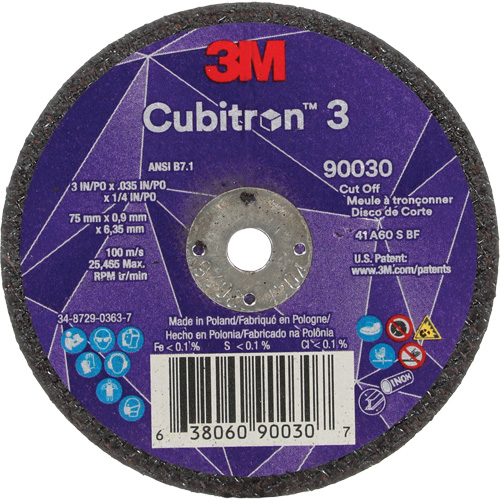 Meule &agrave; tronçonner Cubitron 3, 3" x 0,035", Arbre de 1/4", Type T1, C&eacute;ramique, 21000 Tr/min Oxymax Inc