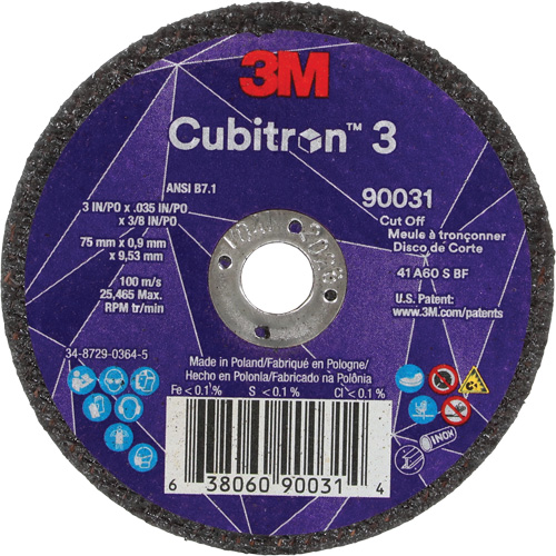 Cubitron 3 Cut-Off Wheel, 3" x 0.035", 3/8" Arbor, Type T1, Ceramic, 21000 RPM Oxymax Inc