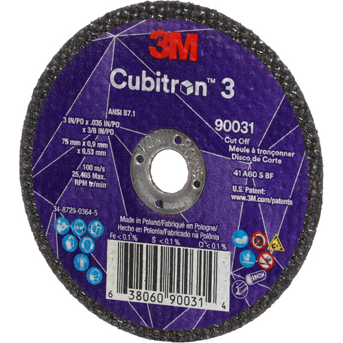 Cubitron 3 Cut-Off Wheel, 3" x 0.035", 3/8" Arbor, Type T1, Ceramic, 21000 RPM Oxymax Inc