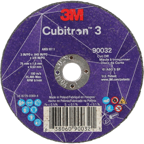 Meule &agrave; tronçonner Cubitron 3, 3" x 0,045", Arbre de 3/8", Type T1, C&eacute;ramique, 21000 Tr/min Oxymax Inc