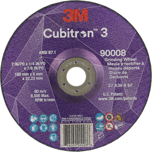 Cubitron 3 Depressed Centre Grinding Wheel, 7" x 1/4", 7/8" Arbor, Ceramic, Type T27 Oxymax Inc