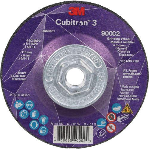 Meule a moyeu d&eacute;port&eacute; Cubitron 3, 4-1/2" x 1/4", Arbre 5/8"-11, C&eacute;ramique, Type T27 Oxymax Inc