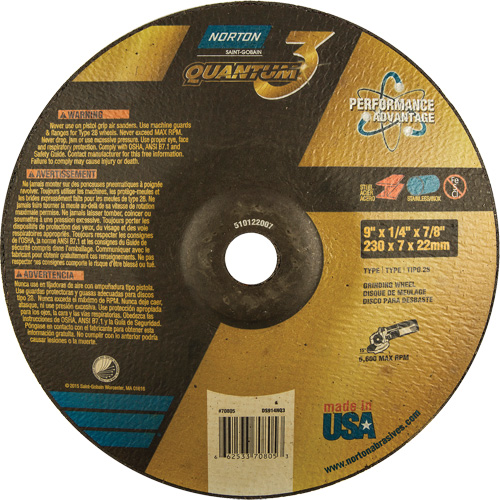 Quantum 3 SG Depressed Center Grinding Wheel, 9" x 1/4", 7/8" Arbor, Type 28, Ceramic, 6600 RPM Oxymax Inc