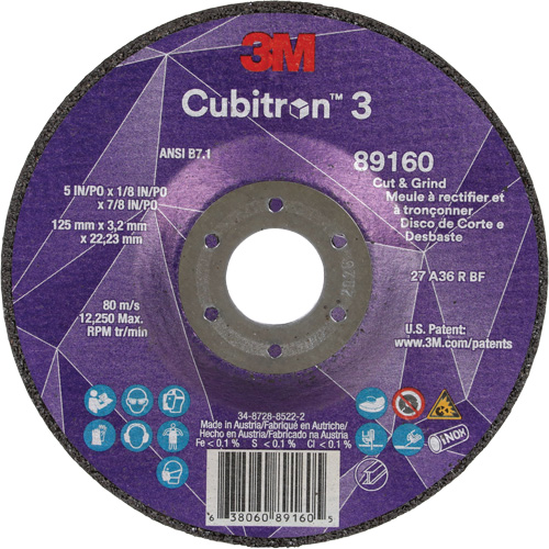 Cubitron 3 Cut and Grind Wheel, 5" x 1/8", 7/8" Arbor, Type 27, 36 Grit, Ceramic Oxymax Inc