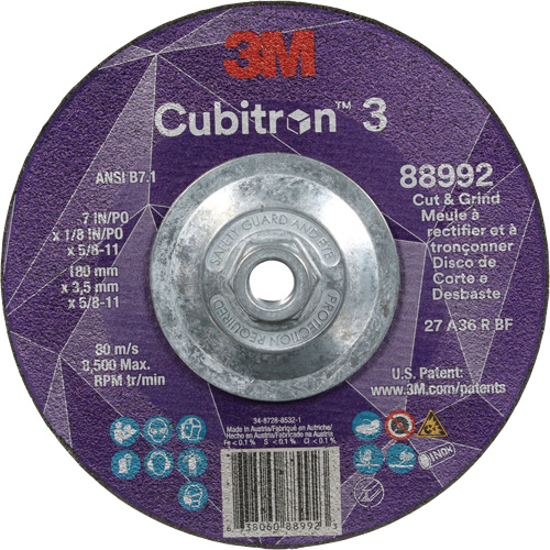 Meule &agrave; rectifier et &agrave; tronçonner Cubitron 3, 7" x 1/8", Arbre de 5/8"-11, Type 27, Grain de 36, C&eacute;ramique Oxymax Inc