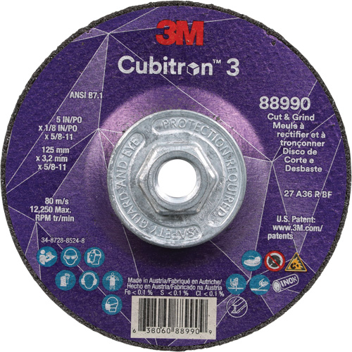 Meule &agrave; rectifier et &agrave; tronçonner Cubitron 3, 5" x 1/8", Arbre de 5/8"-11, Type 27, Grain de 36, C&eacute;ramique Oxymax Inc