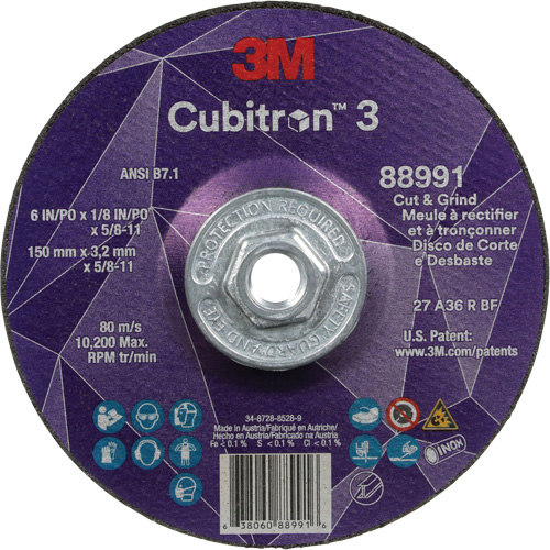 Meule &agrave; rectifier et &agrave; tronçonner Cubitron 3, 6" x 1/8", Arbre de 5/8"-11, Type 27, Grain de 36, C&eacute;ramique Oxymax Inc