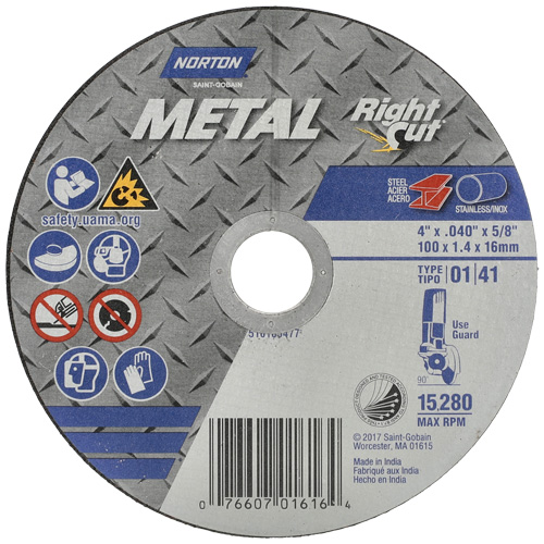 Metal RightCut Right Angle Cut-Off Wheel, 4-1/2" x 0.04", 7/8" Arbor, Type 01/41, Aluminum Oxide, 13580 RPM Oxymax Inc