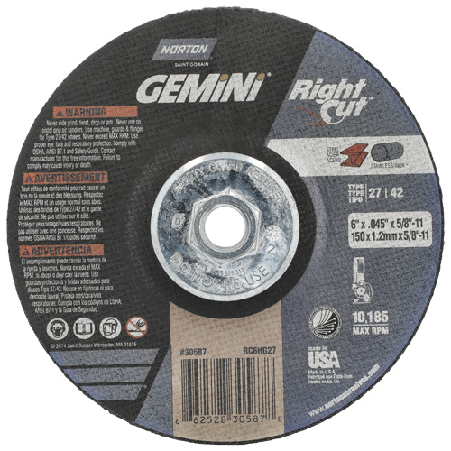 Meule &agrave; tronçonner pour coupe &agrave; angle droit RightCut Gemini, 6" x 0,045", Arbre de 5/8"-11, Type 27/42, Oxyde d'aluminium, 10185 Tr/min Oxymax Inc