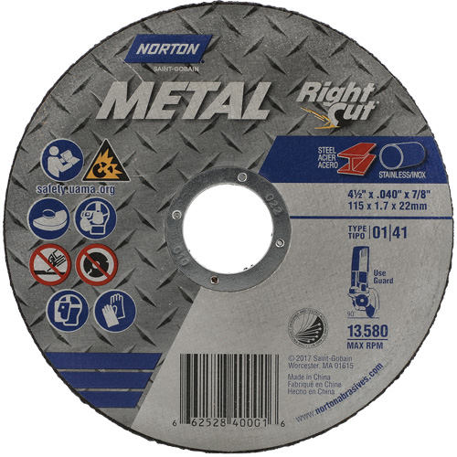 Meule &agrave; tronçonner m&eacute;tallique pour coupe &agrave; angle droit RightCut, 4-1/2" x 0,045", Arbre de 7/8", Type 01/41, Oxyde d'aluminium, 13580 Tr/min Oxymax Inc